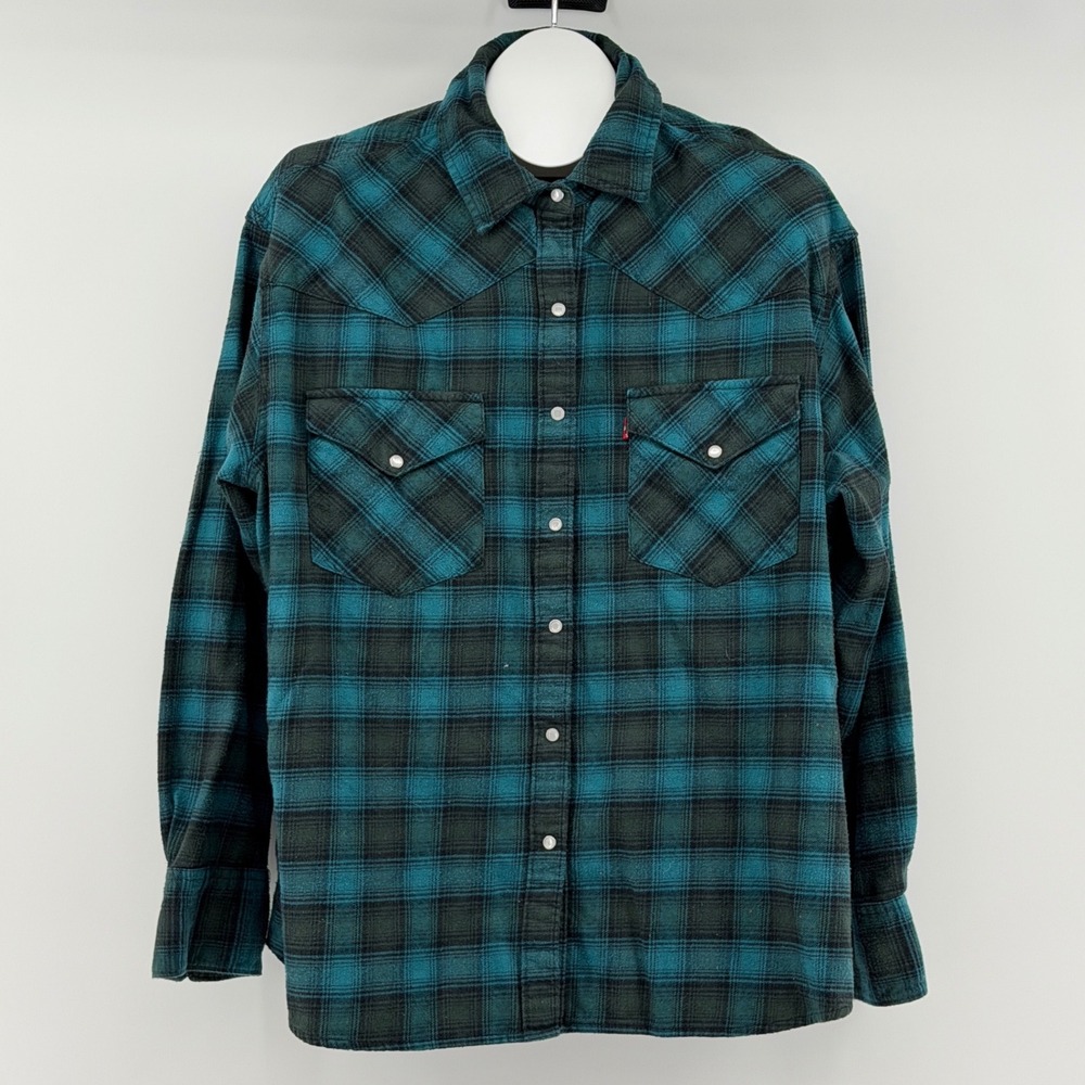 Levi's Western Flannel Shirt Mens XL Plaid Pearl Snap Long Sleeve Rodeo Ranch